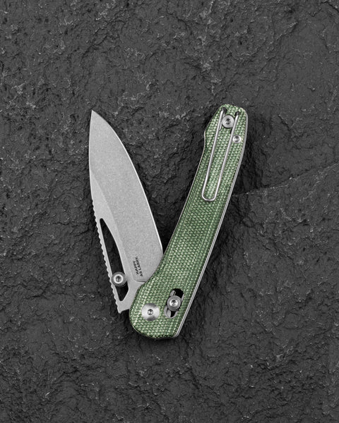 BESTECH COBBER BG68D Green Micarta Handle: 3.37" 14C28N Blade, Bar Lock, Thumb Hole, Thumb Studs