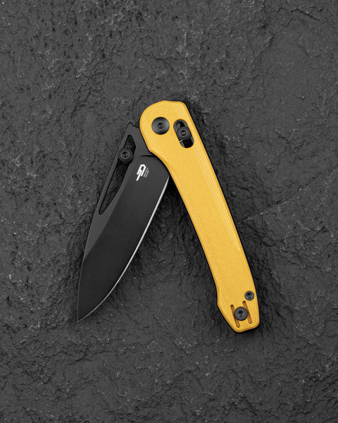 BESTECH COBBER BG68E Yellow G10 Handle: 3.37" 14C28N Blade, Bar Lock, Thumb Hole, Thumb Studs