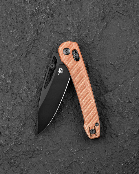 BESTECH COBBER BG68F Brown Micarta Handle: 3.37" 14C28N Blade, Bar Lock, Thumb Hole, Thumb Studs