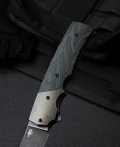 BESTECH SPANISH TIP RAZOR BT2101E Titanium+Black Green G10 Handle: 3.79" M390 Blade
