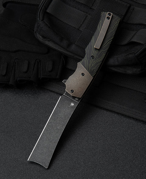 BESTECH SPANISH TIP RAZOR BT2101E Titanium+Black Green G10 Handle: 3.79" M390 Blade