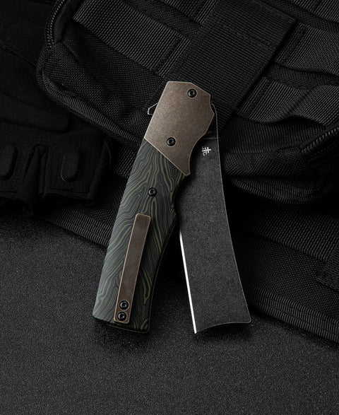 BESTECH SPANISH TIP RAZOR BT2101E Titanium+Black Green G10 Handle: 3.79" M390 Blade