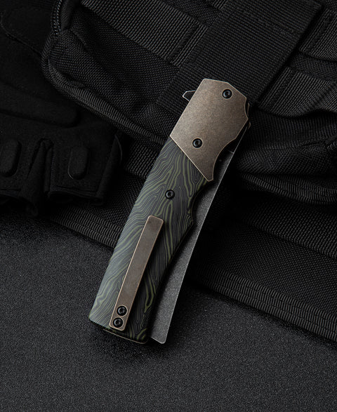 BESTECH SPANISH TIP RAZOR BT2101E Titanium+Black Green G10 Handle: 3.79" M390 Blade