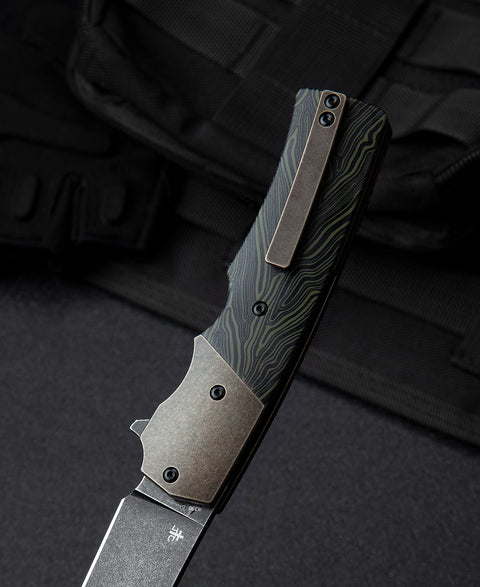BESTECH SPANISH TIP RAZOR BT2101E Titanium+Black Green G10 Handle: 3.79" M390 Blade