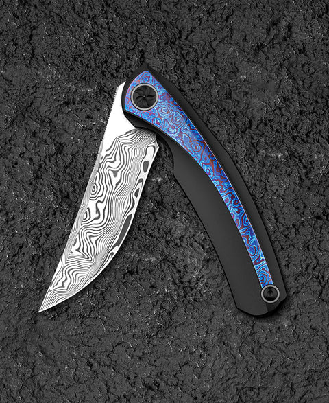 BESTECH SAMBAC BT2402F 3.62" Damasteel Blade Titanium Timascus Inlay Handle
