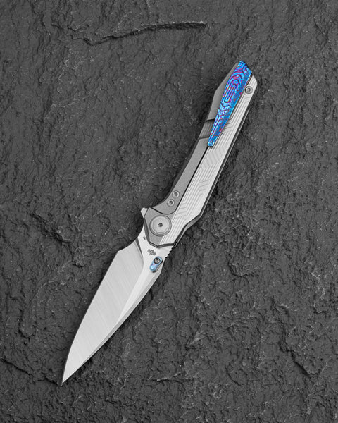 BESTECH WET NELLIE BT2505E Titanium Handle: 3.53" MC Blade Button Frame Lock, Timascus Clip, Timascus Thumb Studs
