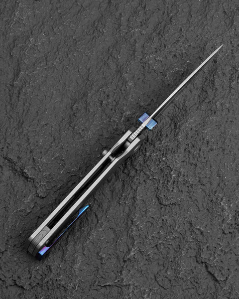 BESTECH WET NELLIE BT2505E Titanium Handle: 3.53" MC Blade Button Frame Lock, Timascus Clip, Timascus Thumb Studs