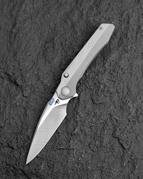 BESTECH WET NELLIE BT2505E Titanium Handle: 3.53" MC Blade Button Frame Lock, Timascus Clip, Timascus Thumb Studs