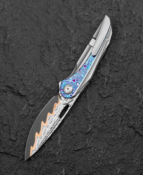 BESTECH SENU BT2601E Titanium with Timascus Inlays Handle: 3.48" Futuron Forge Elmax Core-Copper Line BoomBap pattern Damascus Blade Frame Lock