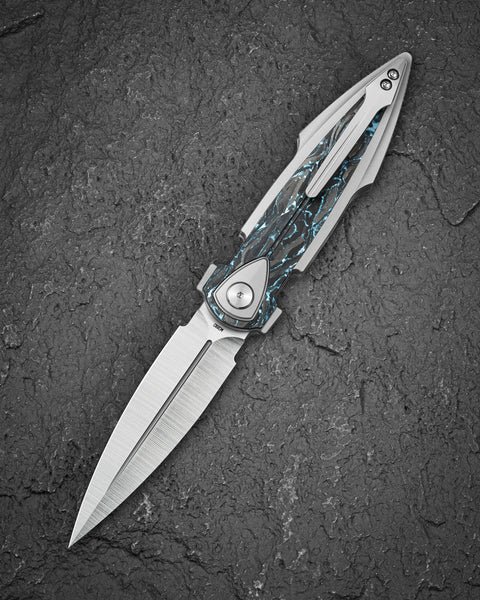 BESTECH IKA DAGGER BT2602B Titanium + Blue Marble Carbon Fiber Inlays Handle: 3.90" M390 Blade, Liner Lock, Integral Knife