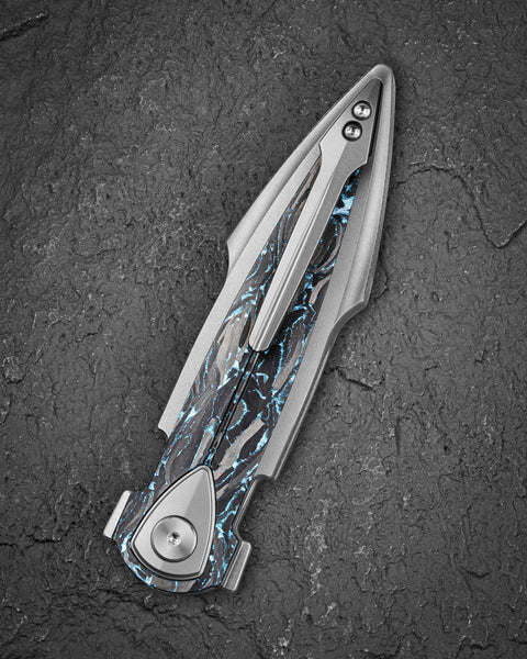 BESTECH IKA DAGGER BT2602B Titanium + Blue Marble Carbon Fiber Inlays Handle: 3.90" M390 Blade, Liner Lock, Integral Knife