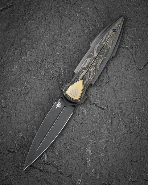BESTECH IKA DAGGER BT2602E Titanium + Gold Marble Carbon Fiber Inlays Handle: 3.90" M390 Blade, Liner Lock, Integral Knife