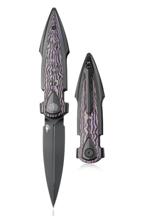 BESTECH IKA DAGGER BT2602F Titanium + Purple Haze Fatcarbon Fiber Inlays Handle: 3.90" M390 Blade, Liner Lock, Integral Knife
