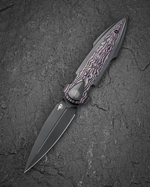 BESTECH IKA DAGGER BT2602F Titanium + Purple Haze Fatcarbon Fiber Inlays Handle: 3.90" M390 Blade, Liner Lock, Integral Knife