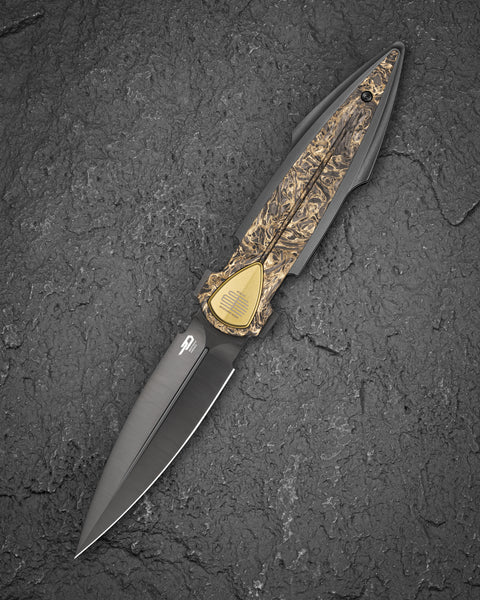 BESTECH IKA DAGGER BT2602H Titanium + Fatcarbon - Dark Matter Gold Inlays Handle: 3.90" M390 Blade, Liner Lock, Integral Knife