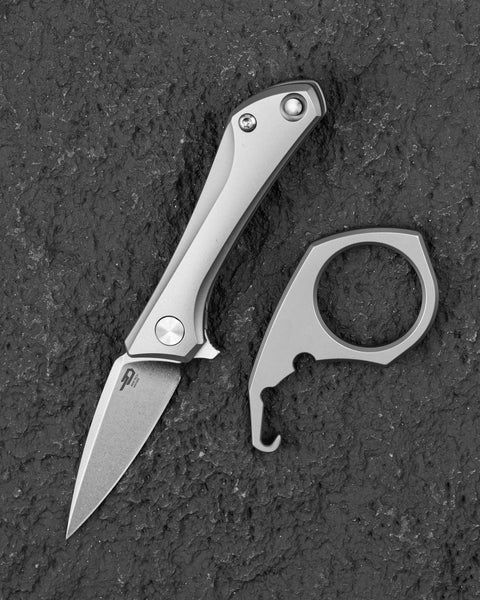 BESTECH DUCI BT2605A Titanium Handle: 1.97" CPM-20CV Blade, Flipper with Frame Lock, Removable Ring with Release Button