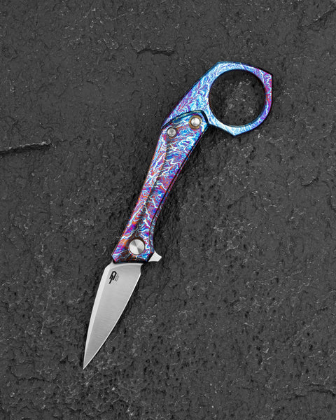 BESTECH DUCI BT2605D  Flamed Titanium Handle: 1.97" CPM-20CV Blade, Flipper with Frame Lock, Removable Ring with Release Button