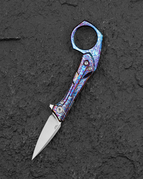 BESTECH DUCI BT2605D  Flamed Titanium Handle: 1.97" CPM-20CV Blade, Flipper with Frame Lock, Removable Ring with Release Button