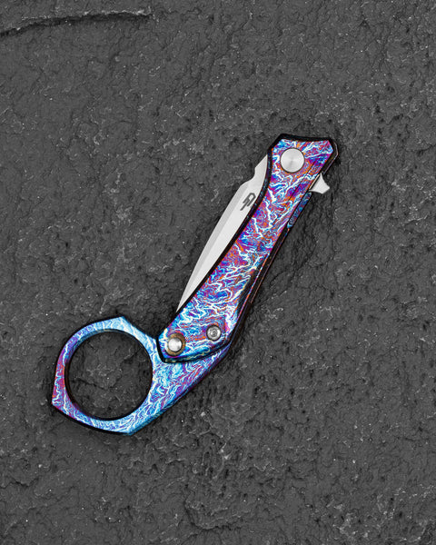 BESTECH DUCI BT2605D  Flamed Titanium Handle: 1.97" CPM-20CV Blade, Flipper with Frame Lock, Removable Ring with Release Button