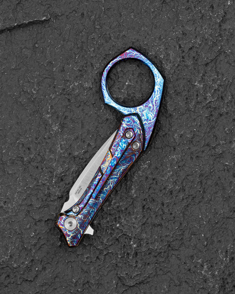 BESTECH DUCI BT2605D  Flamed Titanium Handle: 1.97" CPM-20CV Blade, Flipper with Frame Lock, Removable Ring with Release Button