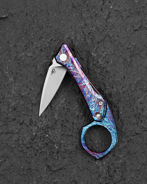 BESTECH DUCI BT2605D  Flamed Titanium Handle: 1.97" CPM-20CV Blade, Flipper with Frame Lock, Removable Ring with Release Button