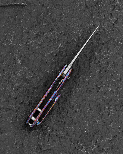 BESTECH DUCI BT2605D  Flamed Titanium Handle: 1.97" CPM-20CV Blade, Flipper with Frame Lock, Removable Ring with Release Button