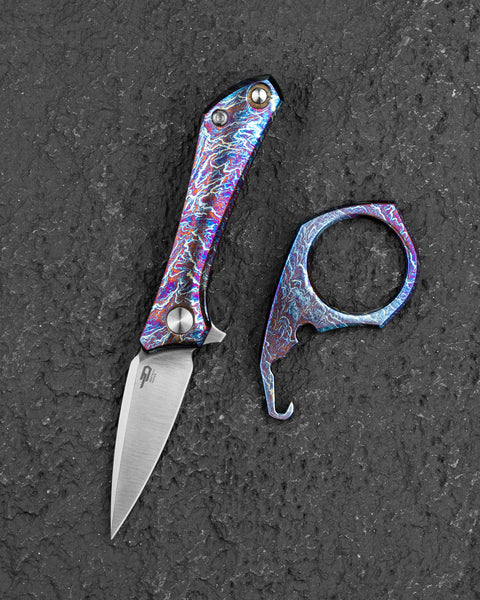 BESTECH DUCI BT2605D  Flamed Titanium Handle: 1.97" CPM-20CV Blade, Flipper with Frame Lock, Removable Ring with Release Button