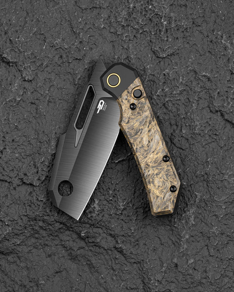 BESTECH NYRRDREKI BT2607D Titanium with Dark Matter Gold Fatcarbon Inlays Handle: 3.08" M390 Blade, Thumb Hole, Front Flipper with Button Frame Lock, Hollow Grind