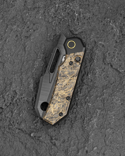 BESTECH NYRRDREKI BT2607D Titanium with Dark Matter Gold Fatcarbon Inlays Handle: 3.08" M390 Blade, Thumb Hole, Front Flipper with Button Frame Lock, Hollow Grind